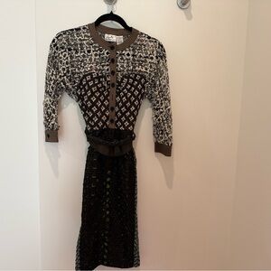 Byron Lars Lace Printed Sheath Dress 3/4 Sleeve Crew Neck